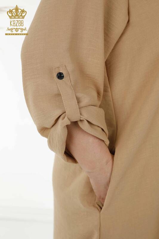 Toptan Kadın Elbise Yarım Düğme Detaylı Bej - 20385 | KAZEE
