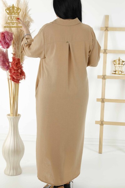Toptan Kadın Elbise Yarım Düğme Detaylı Bej - 20385 | KAZEE - Thumbnail