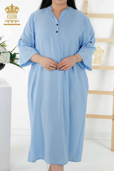 Toptan Kadın Elbise Yarım Düğme Detaylı Mavi - 20384 | KAZEE - Thumbnail