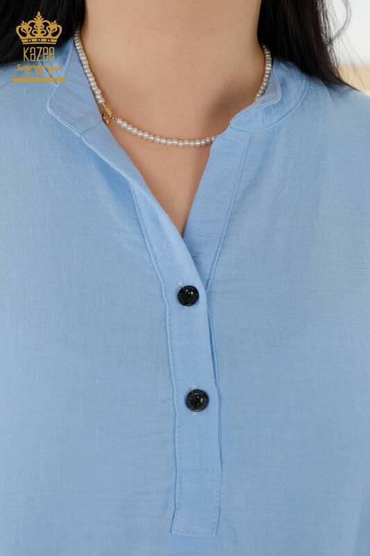 Toptan Kadın Elbise Yarım Düğme Detaylı Mavi - 20384 | KAZEE