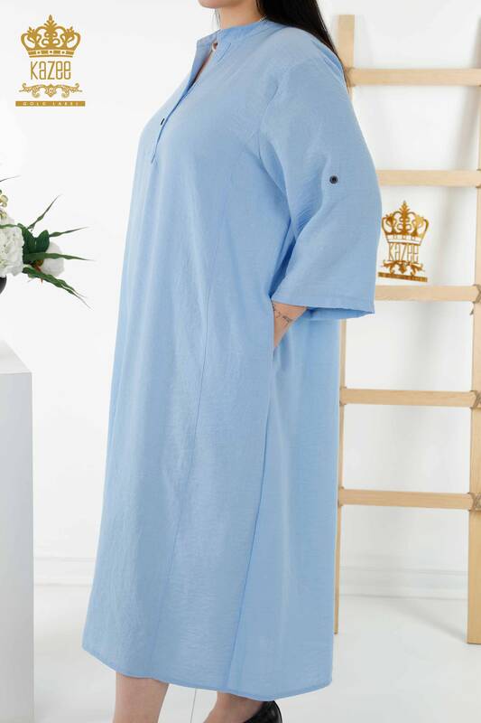 Toptan Kadın Elbise Yarım Düğme Detaylı Mavi - 20384 | KAZEE