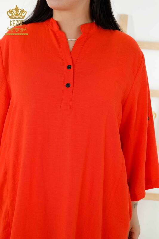 Toptan Kadın Elbise Yarım Düğme Detaylı Oranj - 20384 | KAZEE