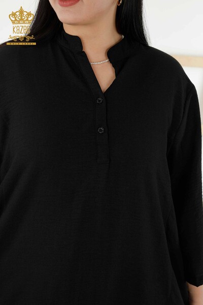 Toptan Kadın Elbise Yarım Düğme Detaylı Siyah - 20384 | KAZEE - Thumbnail