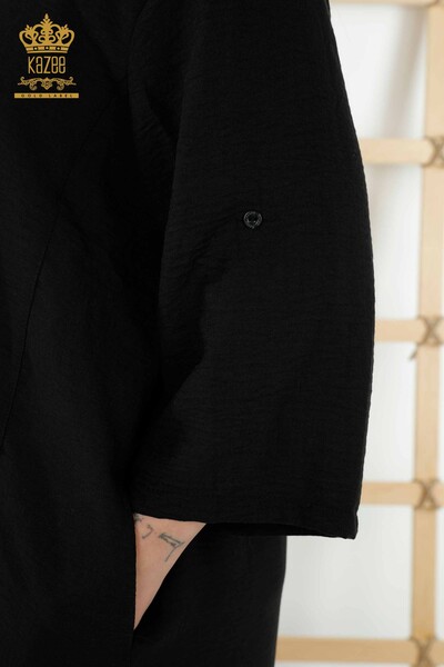 Toptan Kadın Elbise Yarım Düğme Detaylı Siyah - 20384 | KAZEE - Thumbnail