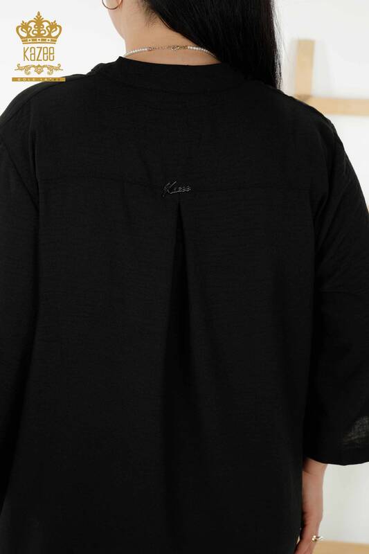 Toptan Kadın Elbise Yarım Düğme Detaylı Siyah - 20384 | KAZEE