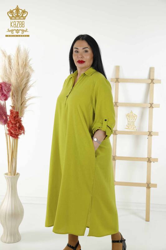 Toptan Kadın Elbise Yarım Düğme Detaylı Yeşil - 20385 | KAZEE