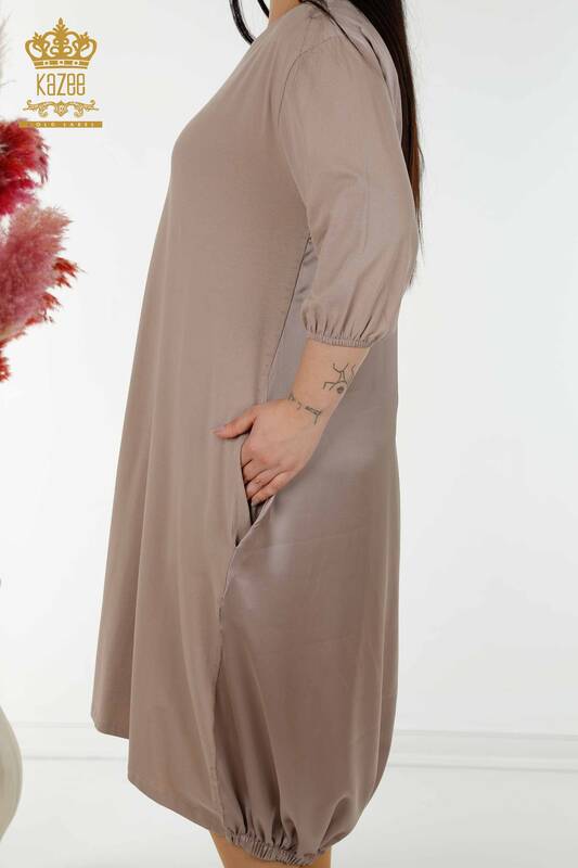Toptan Kadın Elbise Yazı Detaylı Bej - 20331 | KAZEE