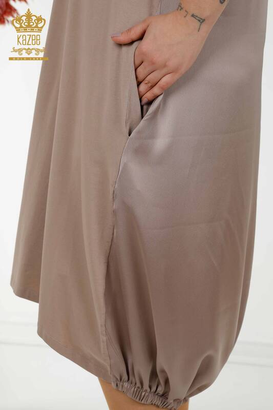 Toptan Kadın Elbise Yazı Detaylı Bej - 20331 | KAZEE