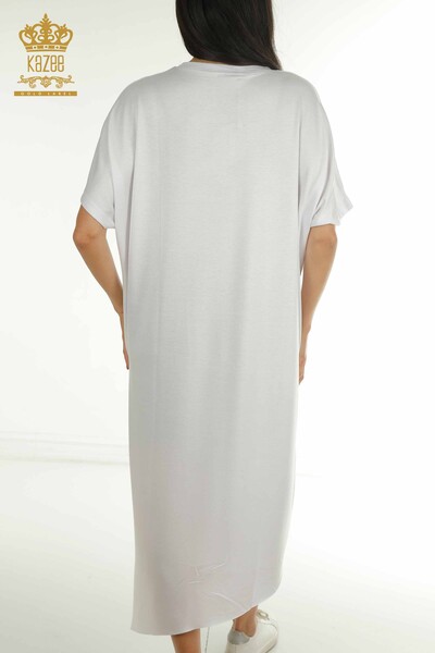 Toptan Kadın Elbise Yazı Detaylı Ekru - 2402-231046 | S&M - Thumbnail