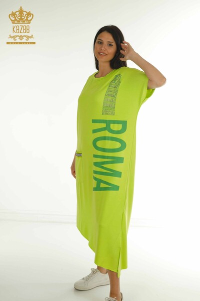 S&M - Toptan Kadın Elbise Yazı Detaylı Fıstık Yeşil - 2402-231046 | S&M