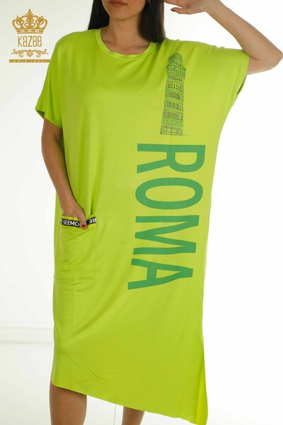 S&M - Toptan Kadın Elbise Yazı Detaylı Fıstık Yeşil - 2402-231046 | S&M (1)