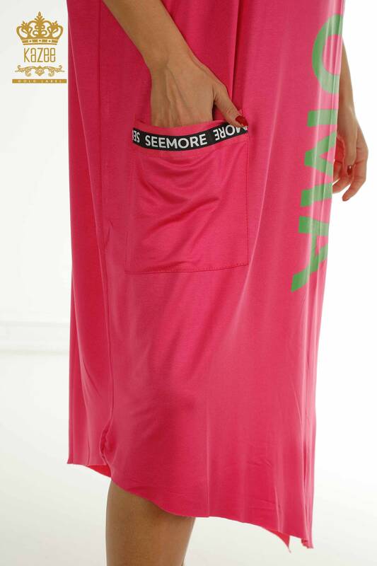 Toptan Kadın Elbise Yazı Detaylı Fuşya - 2402-231046 | S&M