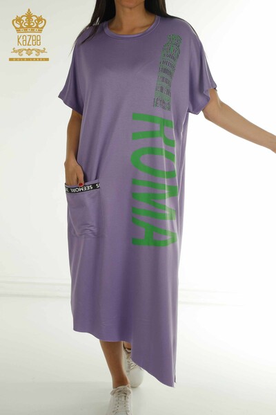 S&M - Toptan Kadın Elbise Yazı Detaylı Lila - 2402-231046 | S&M (1)