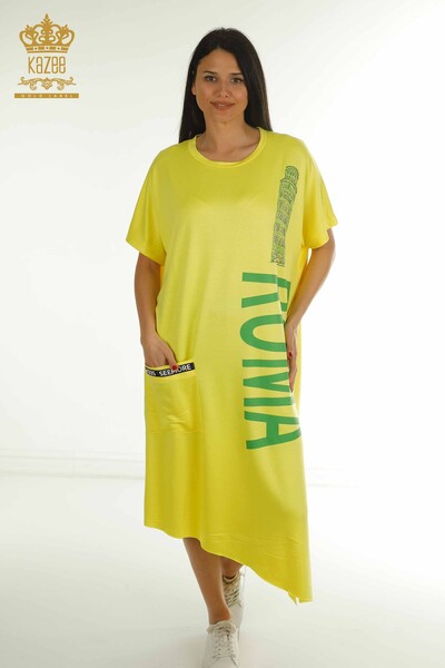 S&M - Toptan Kadın Elbise Yazı Detaylı Sarı - 2402-231046 | S&M