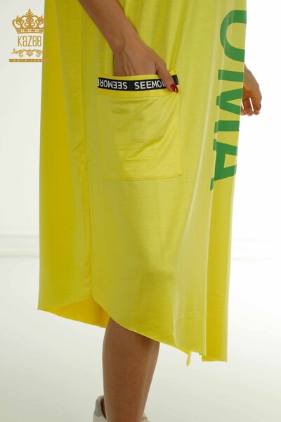 Toptan Kadın Elbise Yazı Detaylı Sarı - 2402-231046 | S&M - Thumbnail