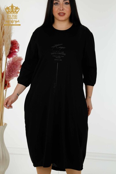 Toptan Kadın Elbise Yazı Detaylı Siyah - 20331 | KAZEE - Thumbnail