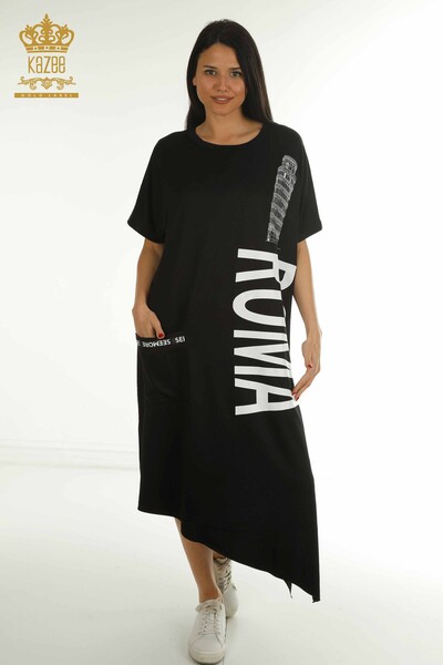 S&M - Toptan Kadın Elbise Yazı Detaylı Siyah - 2402-231046 | S&M