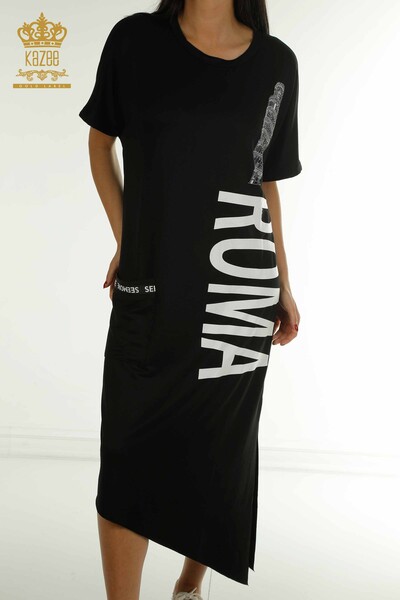S&M - Toptan Kadın Elbise Yazı Detaylı Siyah - 2402-231046 | S&M (1)