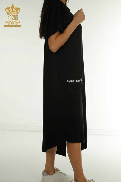 Toptan Kadın Elbise Yazı Detaylı Siyah - 2402-231046 | S&M - Thumbnail
