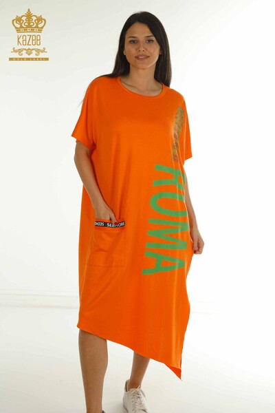 Toptan Kadın Elbise Yazı Detaylı Turuncu - 2402-231046 | S&M - Thumbnail