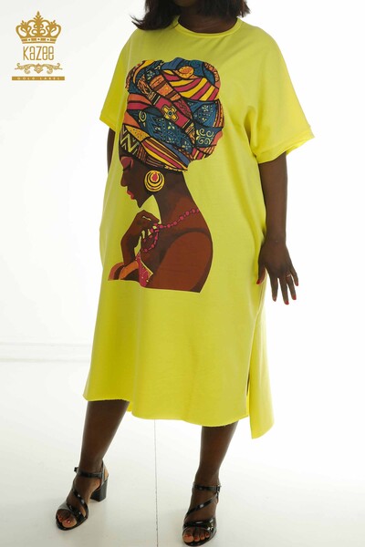 S&M - Toptan Kadın Elbise Yırtmaç Detaylı Sarı - 2402-212229 | S&M