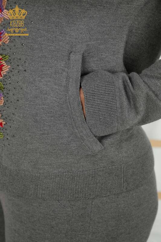 Toptan Kadın Eşofman Takımı Çiçek Desenli Gri - 16658 | KAZEE