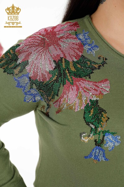 Toptan Kadın Eşofman Takımı Çiçek Desenli Haki - 16522 | KAZEE - Thumbnail