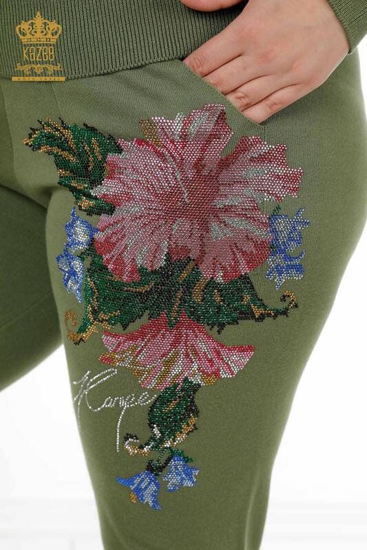 Toptan Kadın Eşofman Takımı Çiçek Desenli Haki - 16522 | KAZEE