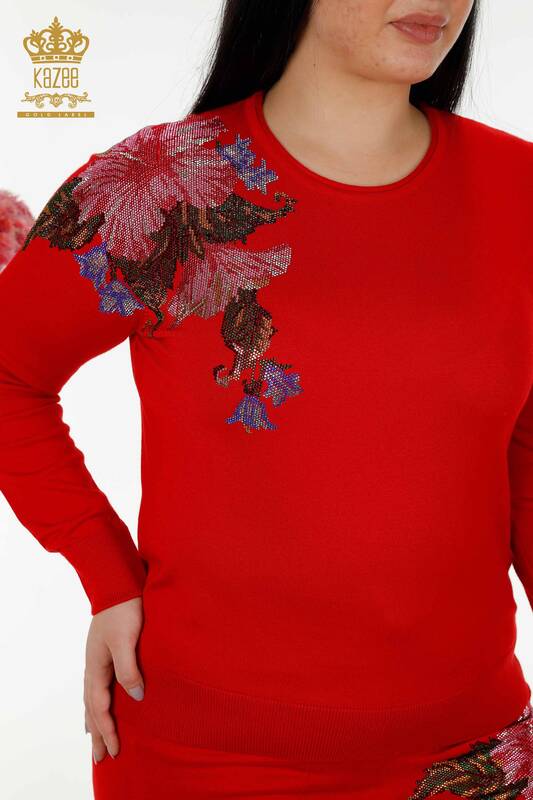 Toptan Kadın Eşofman Takımı Çiçek Desenli Kırmızı - 16522 | KAZEE