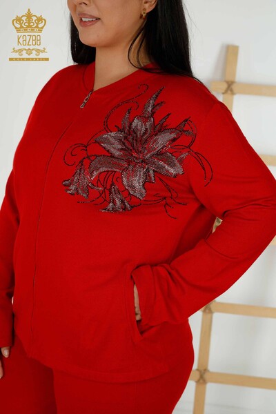 Toptan Kadın Eşofman Takımı Çiçek Desenli Kırmızı - 16661 | KAZEE - Thumbnail (2)
