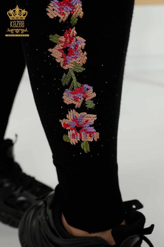 Toptan Kadın Eşofman Takımı Çiçek Desenli Siyah - 16658| KAZEE