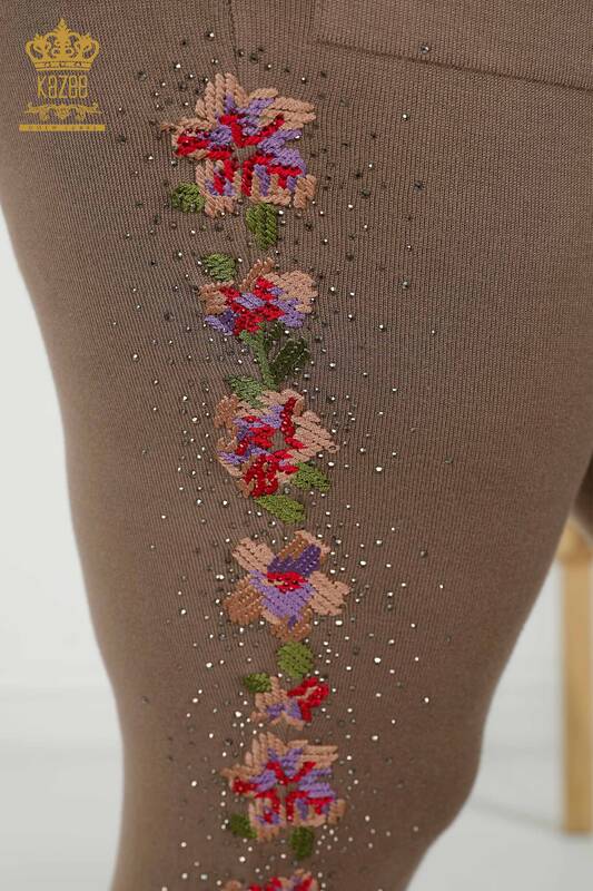 Toptan Kadın Eşofman Takımı Çiçek Desenli Vizon - 16658 | KAZEE