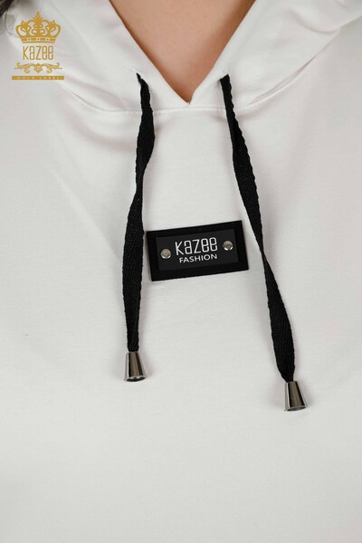Toptan Kadın Eşofman Takımı Çizgili Kapüşonlu Beyaz Siyah - 17543 | KAZEE - Thumbnail
