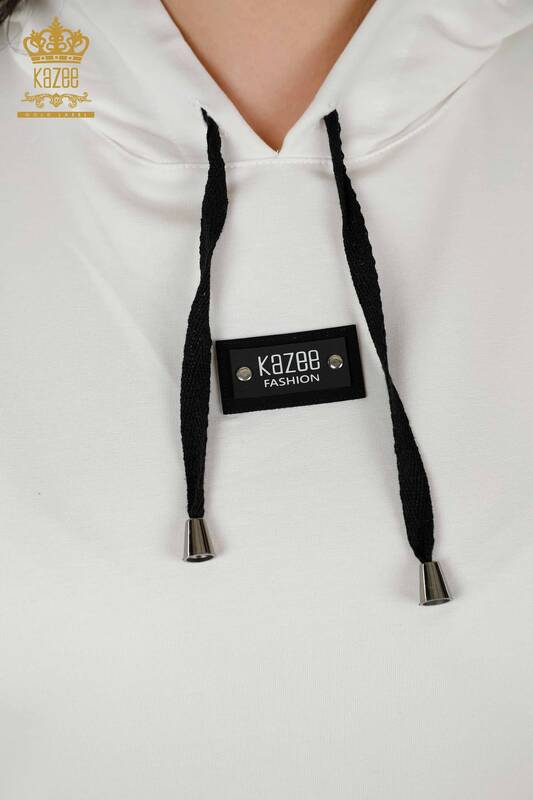 Toptan Kadın Eşofman Takımı Çizgili Kapüşonlu Beyaz Siyah - 17543 | KAZEE