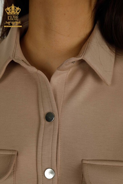 Toptan Kadın Eşofman Takımı Düğme Detaylı Bej - 17555 | KAZEE - Thumbnail