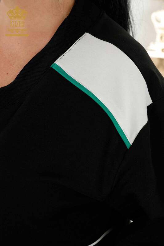 Toptan Kadın Eşofman Takımı Düğme Detaylı Siyah Yeşil - 20386 | KAZEE