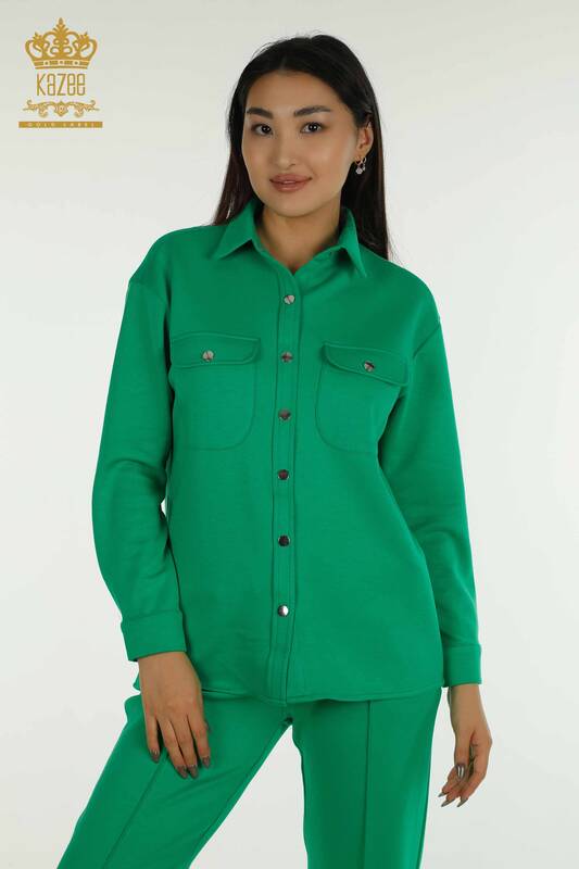 Toptan Kadın Eşofman Takımı Düğme Detaylı Yeşil - 17555 | KAZEE