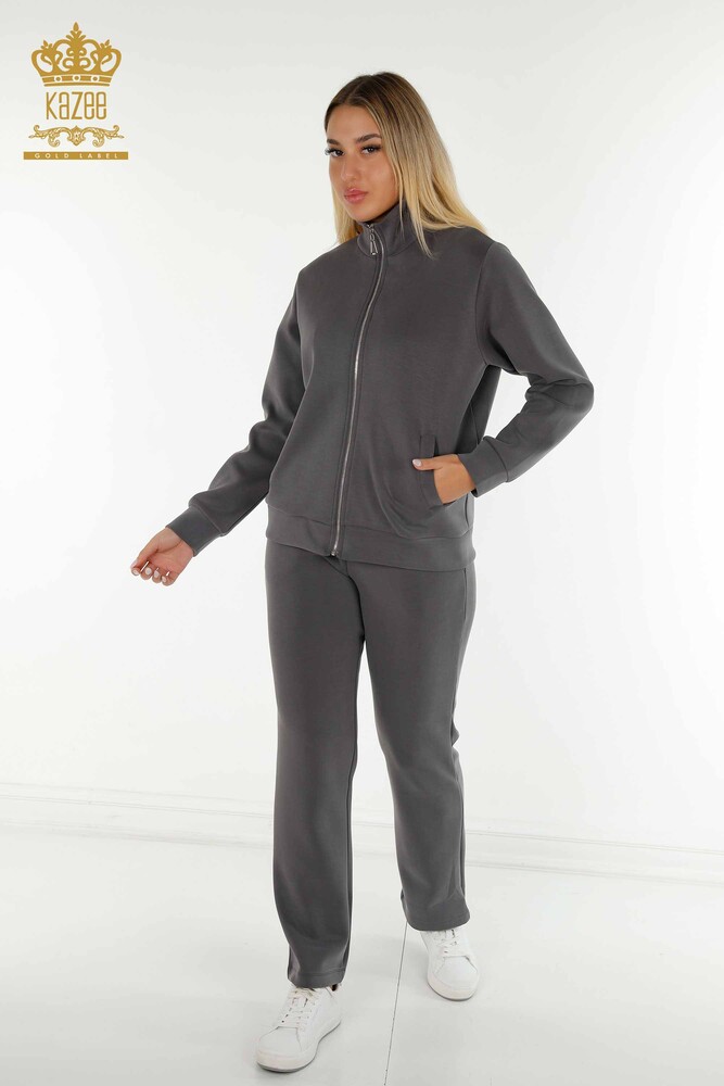Toptan Kadın Eşofman Takımı Fermuarlı Gri - 17619 | KAZEE - 1