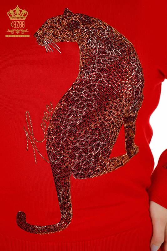 Toptan Kadın Eşofman Takımı Kaplan Desenli Kırmızı - 16523 | KAZEE
