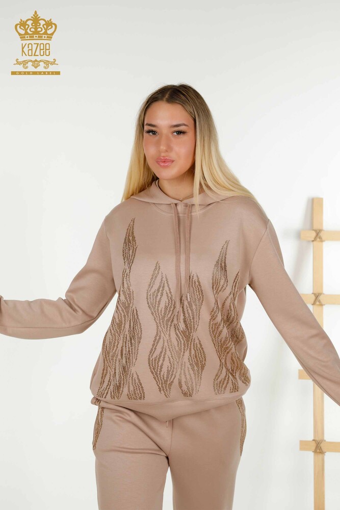 Toptan Kadın Eşofman Takımı Kapüşonlu Vizon - 17566 | KAZEE - 2