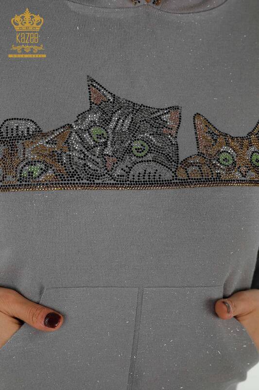 Toptan Kadın Eşofman Takımı Kedi Desenli Gri - 16675 | KAZEE