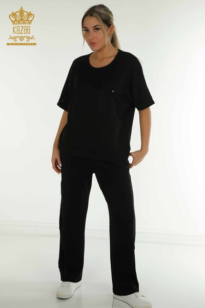 Toptan Kadın Eşofman Takımı Kısa Kol Siyah - 17692 | KAZEE - 1