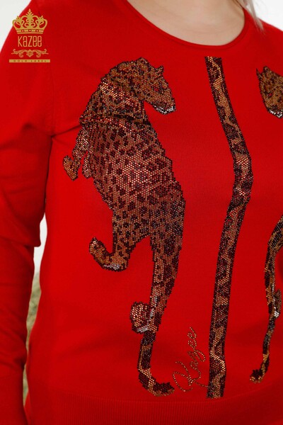 Toptan Kadın Eşofman Takımı Leopar Desenli Kırmızı - 16521 | KAZEE - Thumbnail