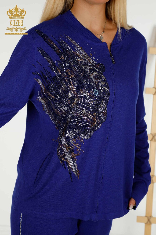 Toptan Kadın Eşofman Takımı Leopar Desenli Saks - 16660 | KAZEE - 4