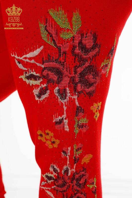 Toptan Kadın Eşofman Takımı Renkli Çiçek Desenli Kırmızı - 16570 | KAZEE