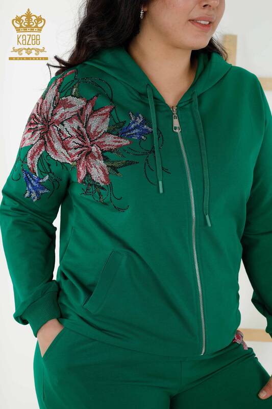 Toptan Kadın Eşofman Takımı Renkli Çiçek Desenli Yeşil - 17499 | KAZEE