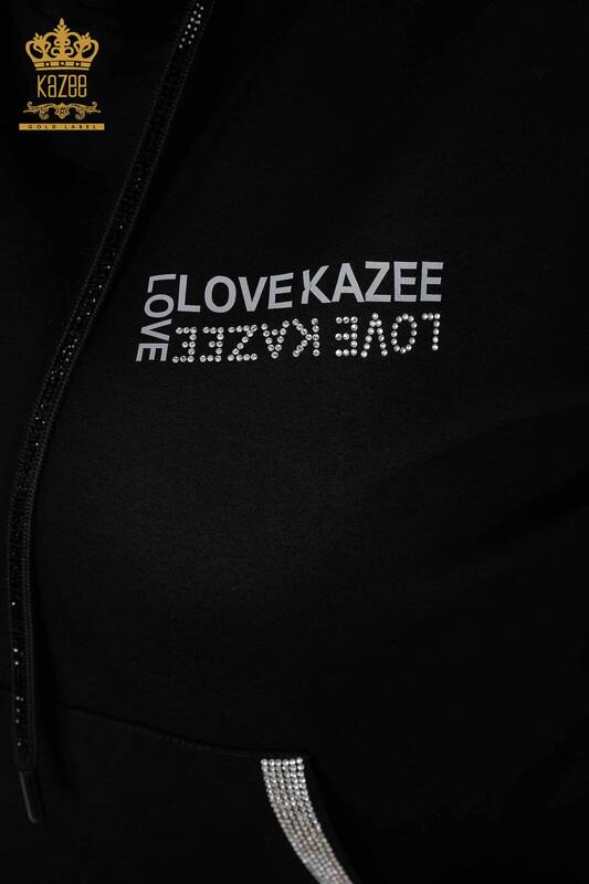 Toptan Kadın Eşofman Takımı Şerit Taş İşlemeli Yazı Detaylı Kapüşonlu - 17453 | KAZEE