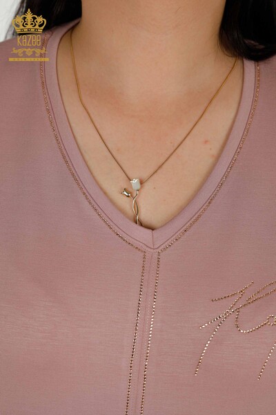 Toptan Kadın Eşofman Takımı Taş İşlemeli Cepli Gül - 20391 | KAZEE - 4