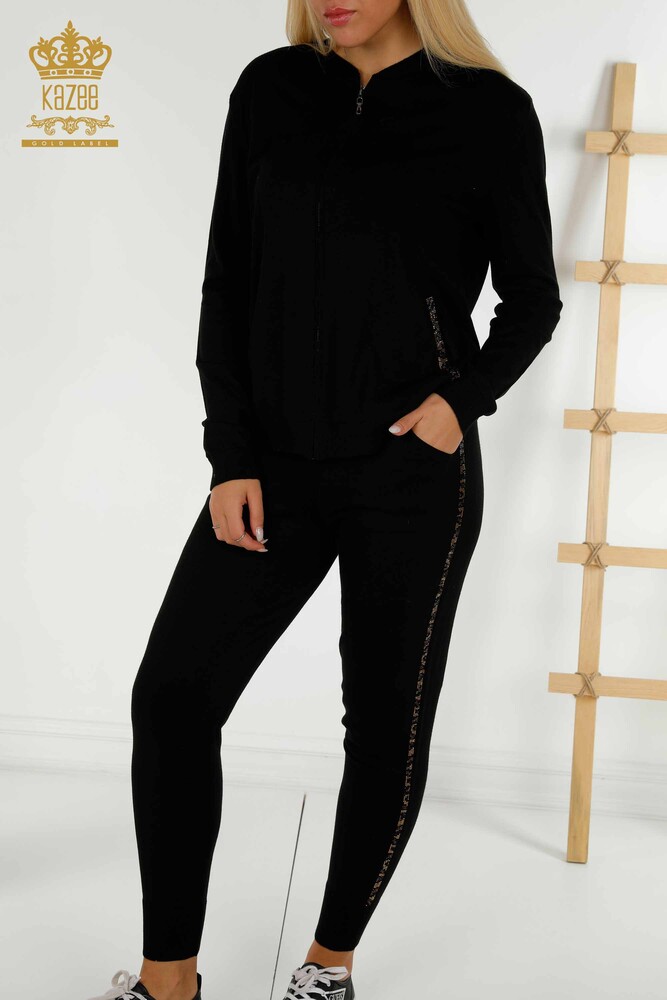 Toptan Kadın Eşofman Takımı Taş İşlemeli Siyah - 16677 | KAZEE - 3
