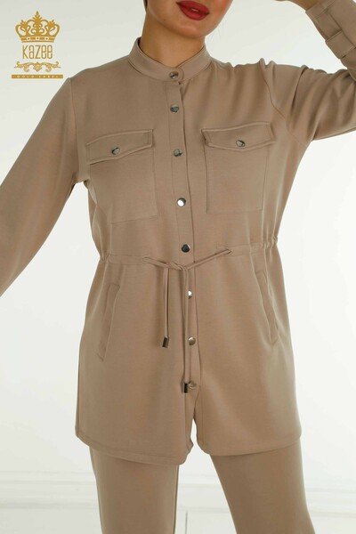 Toptan Kadın Eşofman Tesettür Takımı Düğme Detaylı Cepli Bej - T-02 | KAZEE - 4